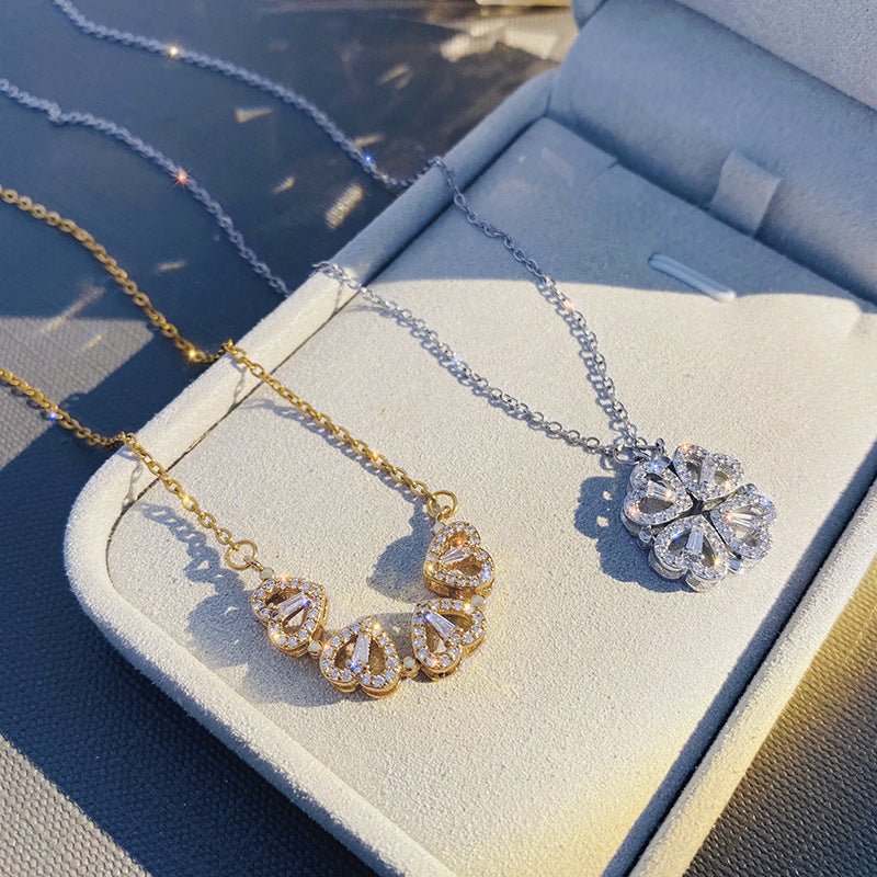 Magnetic Folding Heart Shaped Four Leaf Clover Pendant Necklace - Essential Jewel