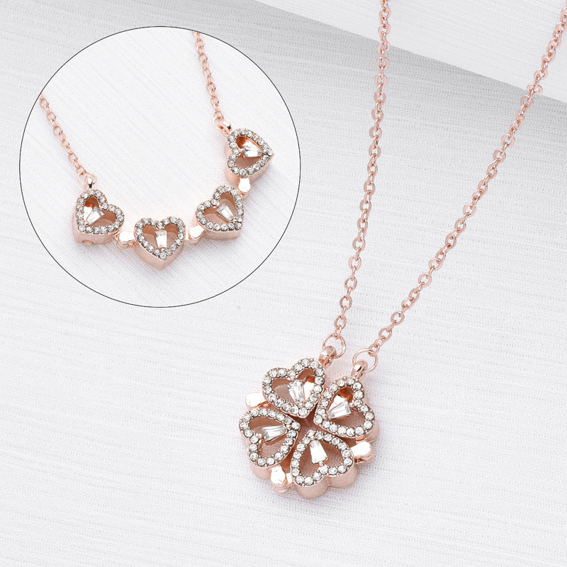 Magnetic Folding Heart Shaped Four Leaf Clover Pendant Necklace - Essential Jewel