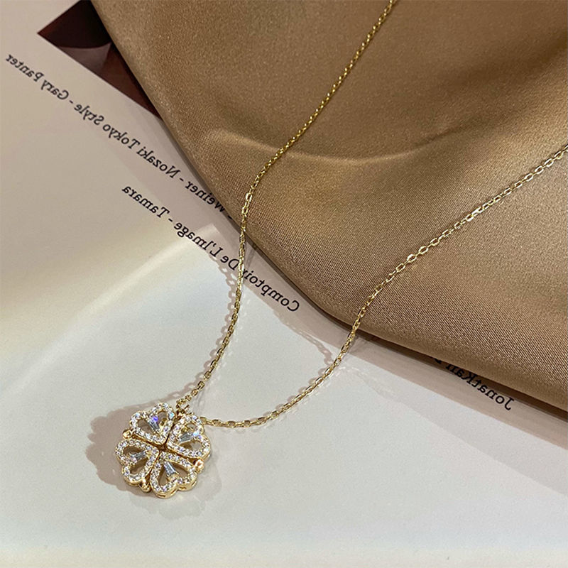 Magnetic Folding Heart Shaped Four Leaf Clover Pendant Necklace - Essential Jewel