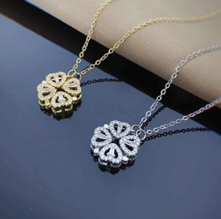 Magnetic Folding Heart Shaped Four Leaf Clover Pendant Necklace - Essential Jewel