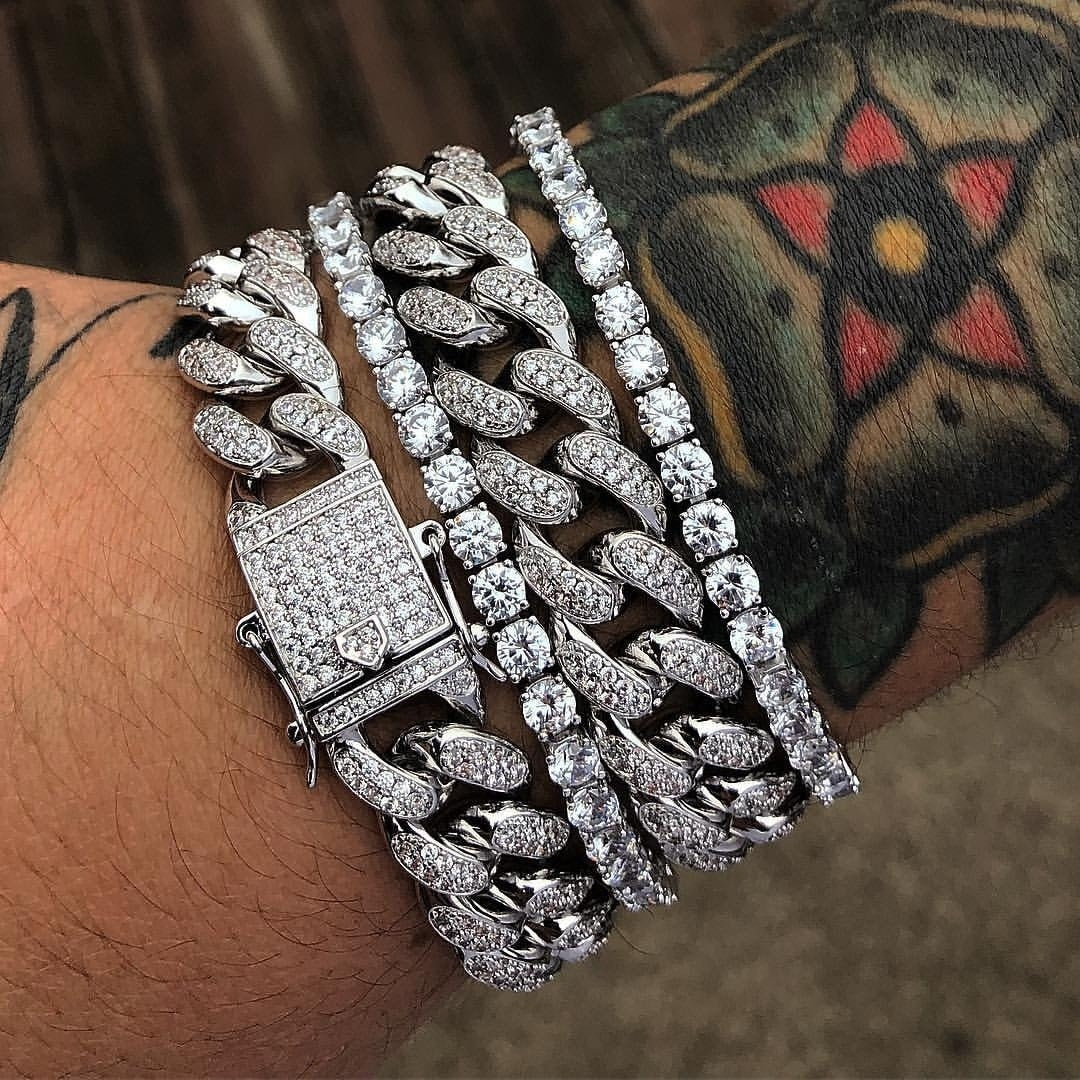 Essential Jewel Iced Out Diamond Cuban Link Chain and Bracelet Set for Men