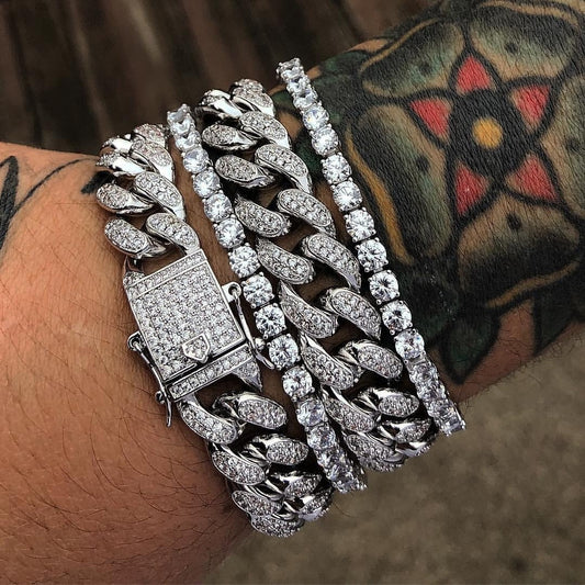 Essential Jewel Iced Out Diamond Cuban Link Chain and Bracelet Set for Men